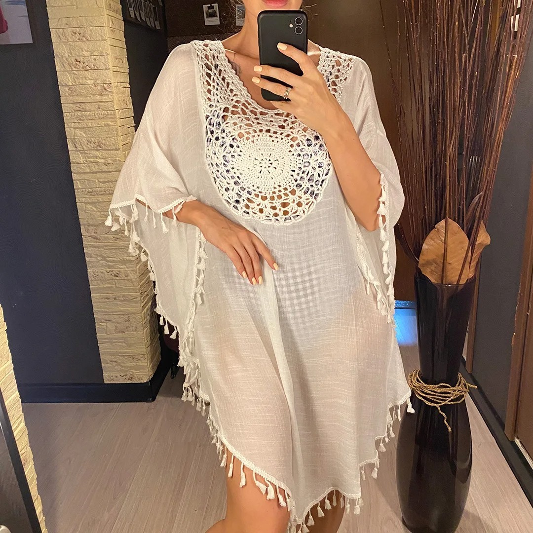 New Fringe Tassel Embroidery Half Sleeve Tunic Beach Cover Up Beach Dress