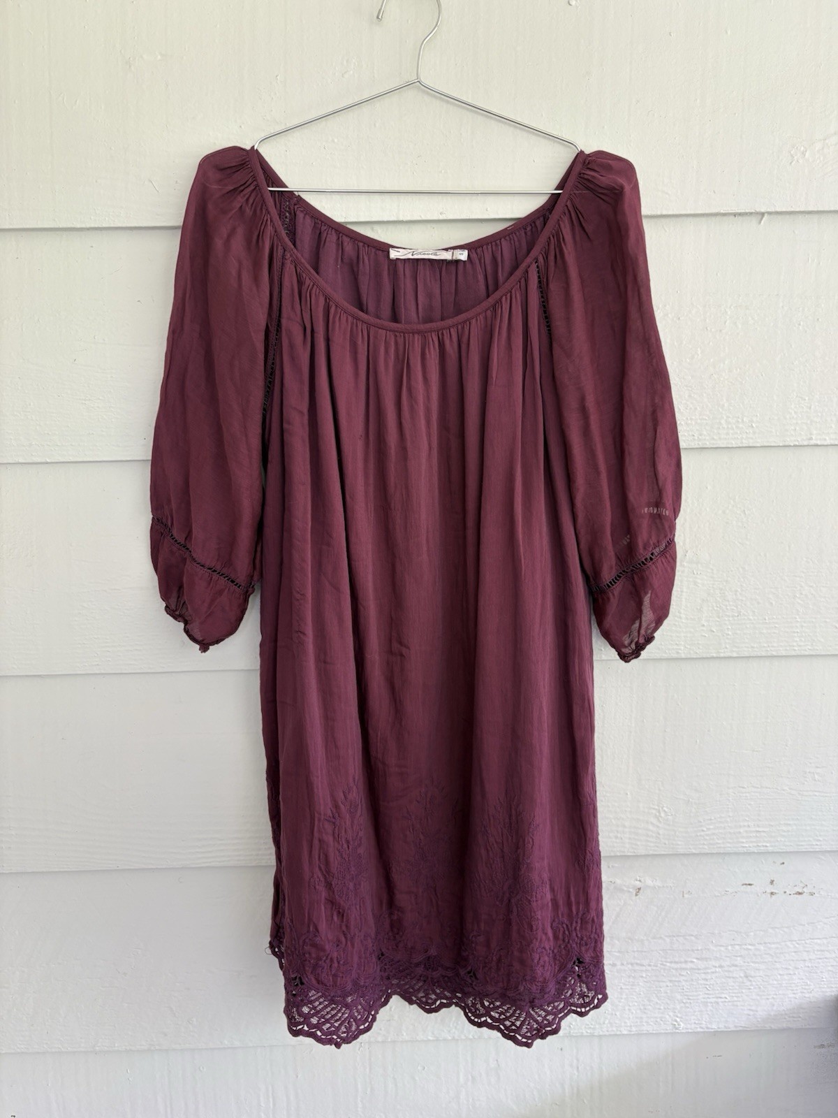 Nicole Burgundy Silk Blend Peasant Dress Lace Hem Boho Made in Italy Size Small