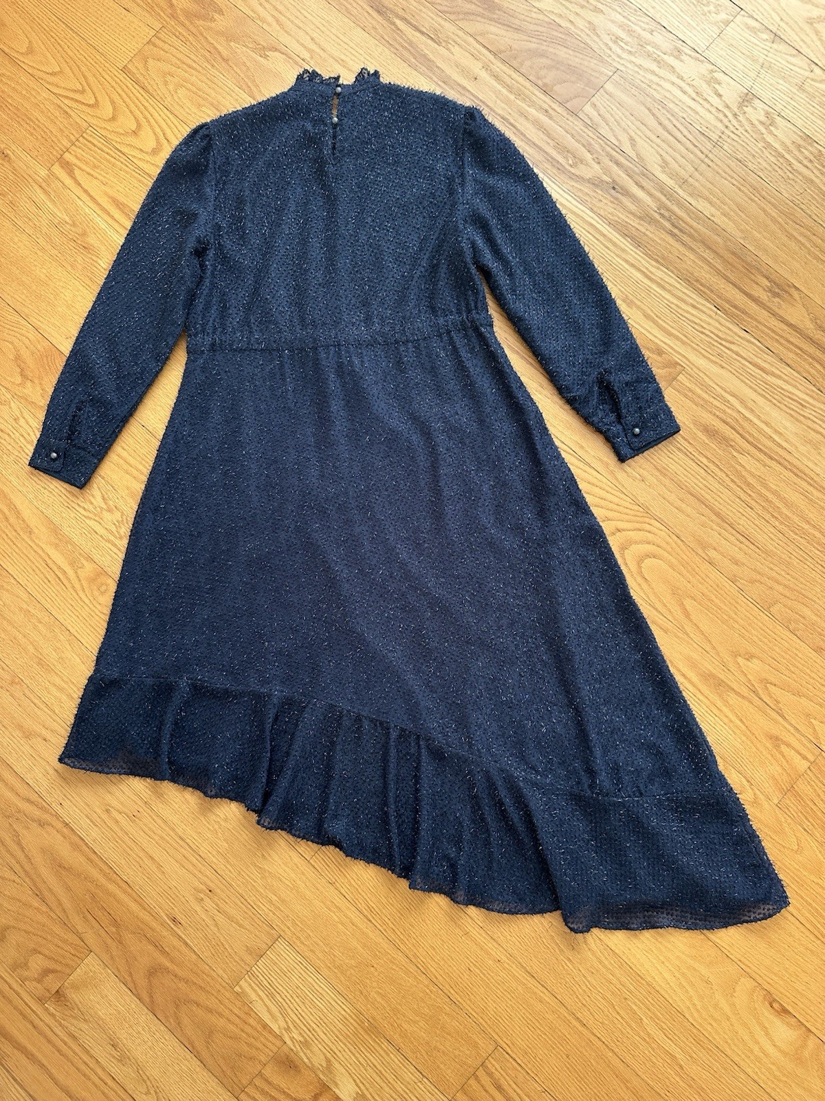 Asymmetrical Tinsel Ruffle Stand Collar Dress Navy Size 10