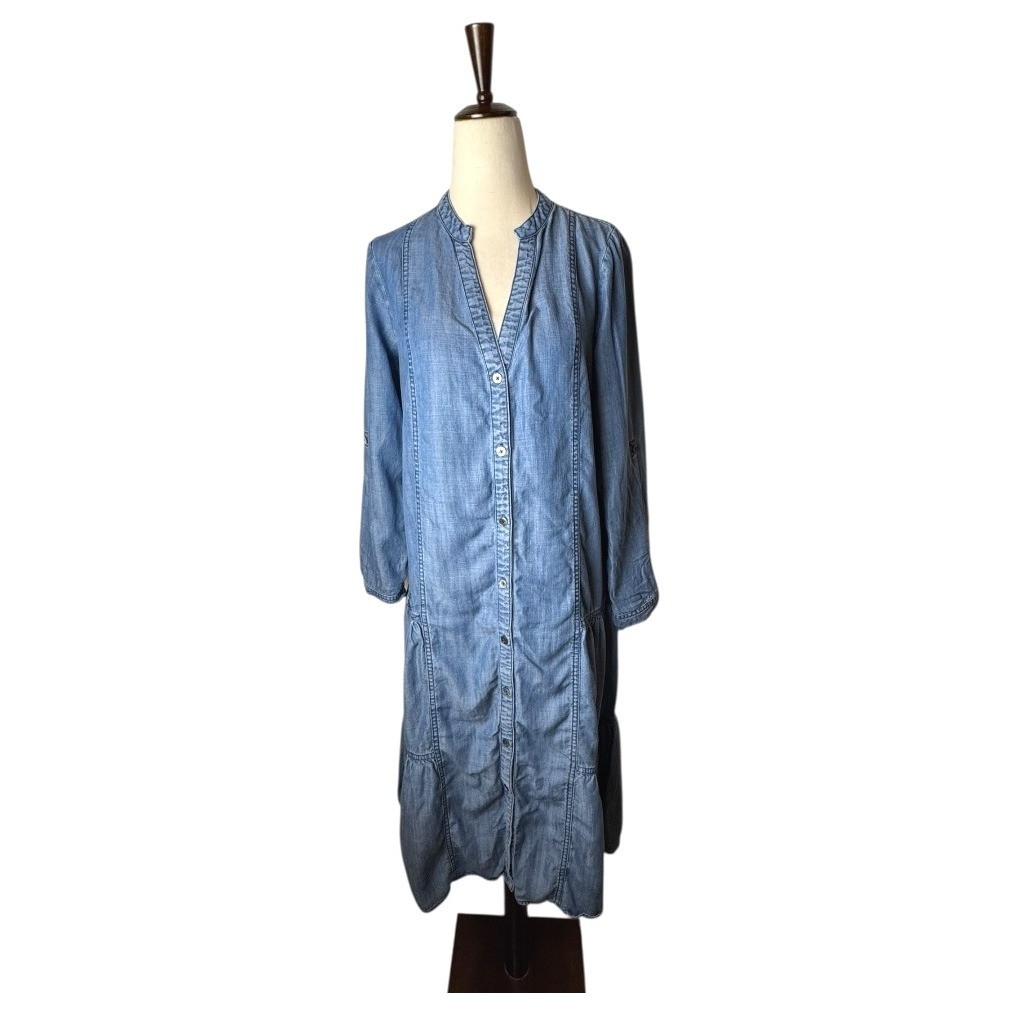 Current Air Dress Women XS Blue Chambray Tencel Shirt Button Down Tiered Midi