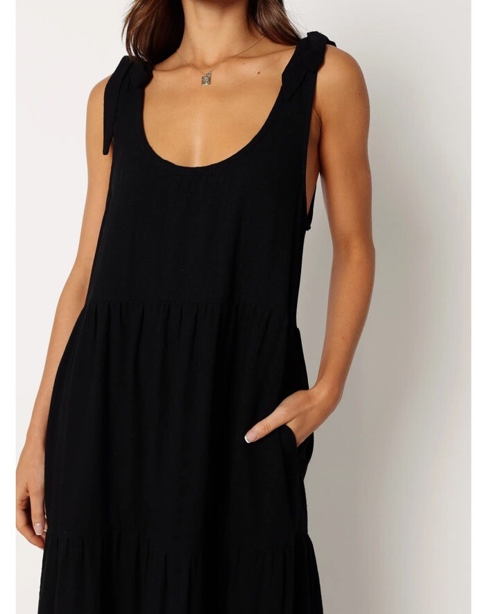 Petal & Pup Marcy Black 100% Linen Tie Shoulder Midi Dress Small To Medium