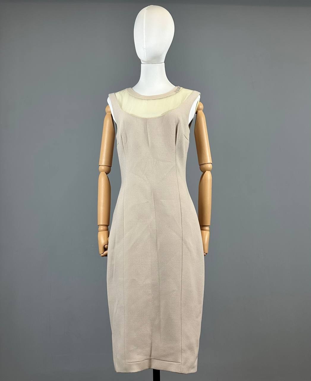 Prada Milano Beige Wool Silk Sleeveless A-Line Pencil Midi Dress Size IT 44