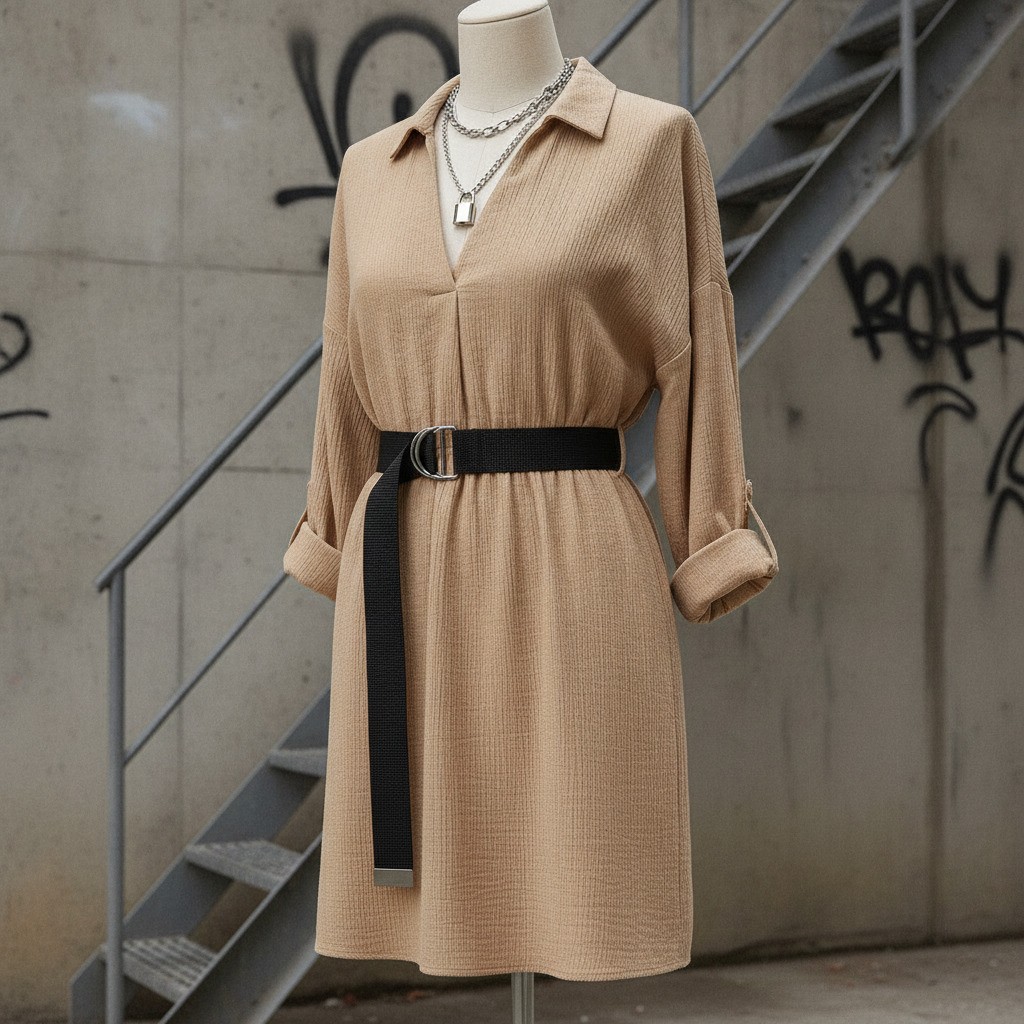 Beige Long Sleeve Button-Up Dress with Elastic Waist