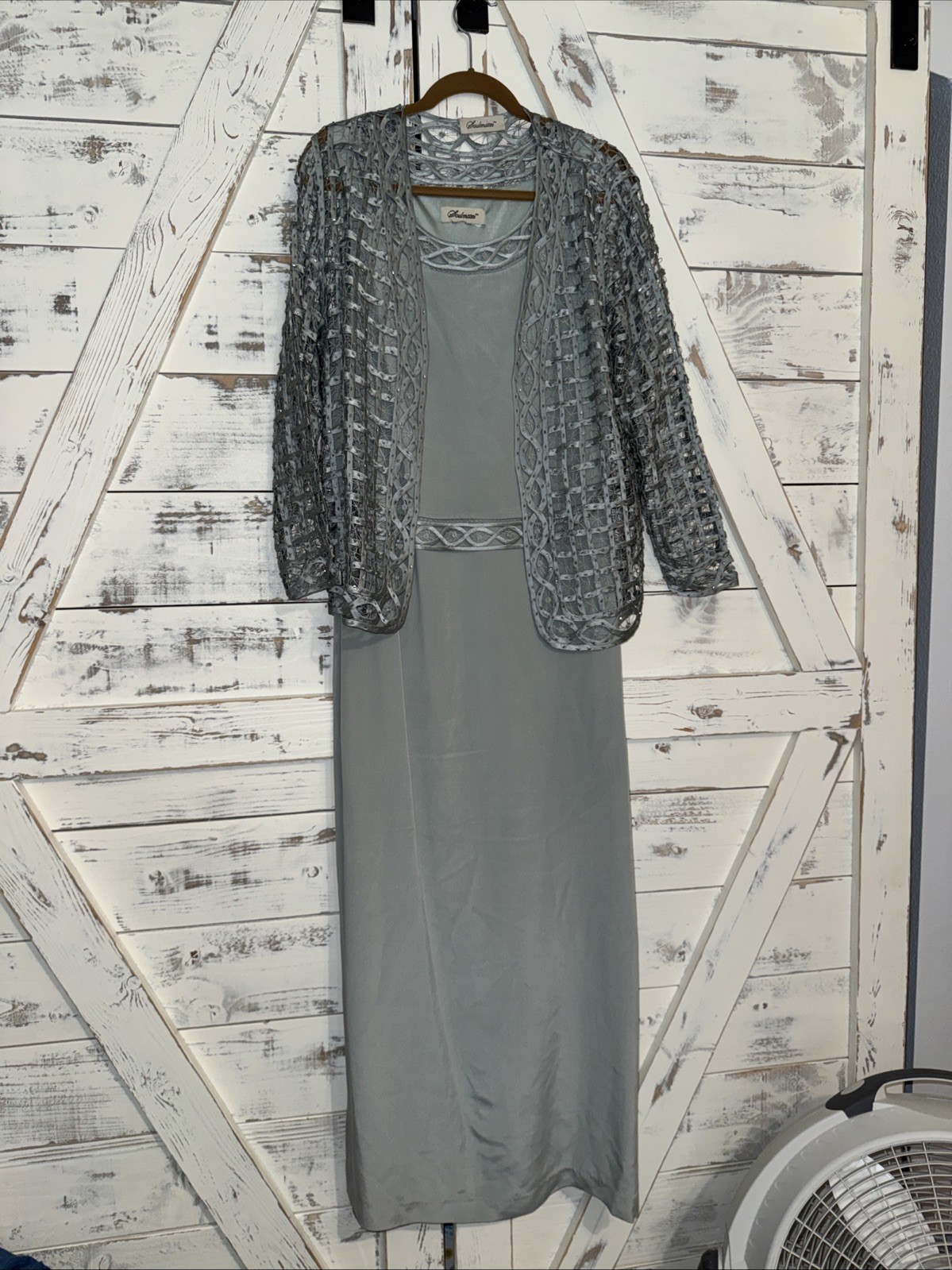 SOULMATES Silk Maxi Dress w/ Jacket L Beaded Lace Formal Wedding Sage Pale Green