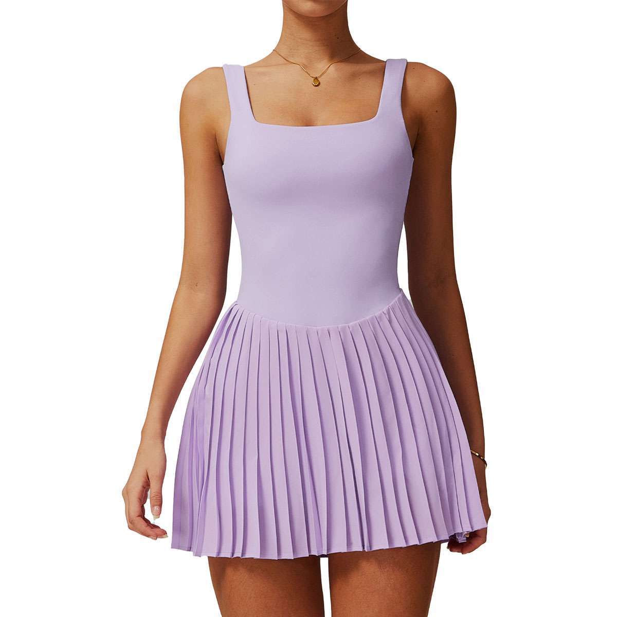 Women Sleeveless Golf Tennis Dress w/Built in Shorts, Gym Pleat Athletic Dress