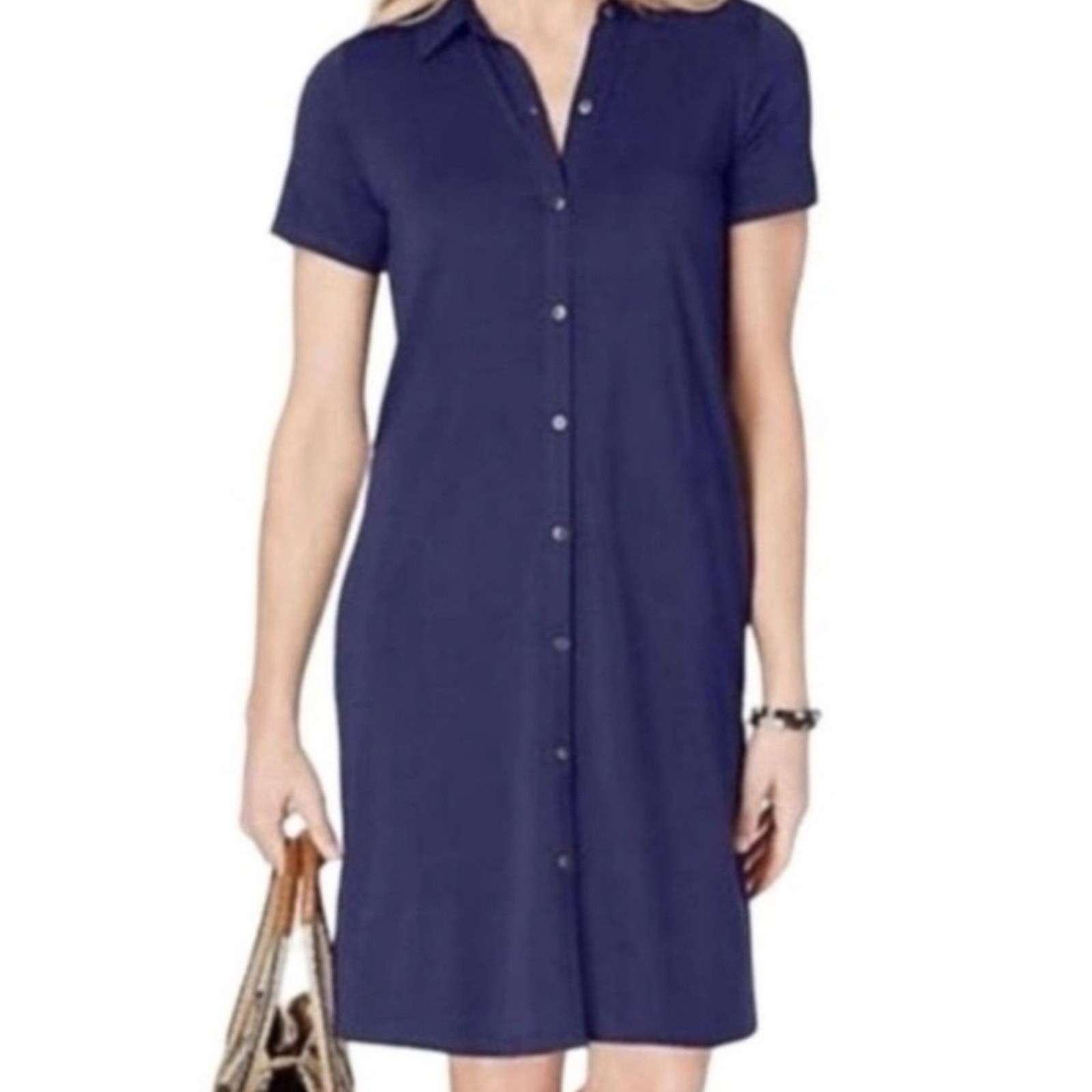NWT J Jill navy t-shirt dress Pima cotton collared stretch knee medium petite