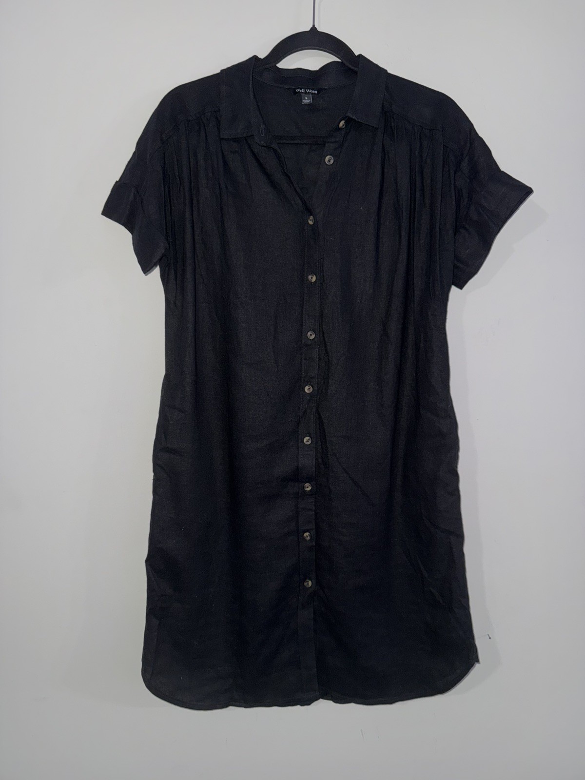 Women’s S Well Worn Black Linen Blend Cuffed Short-Sleeve Button-Up Shirt Dress