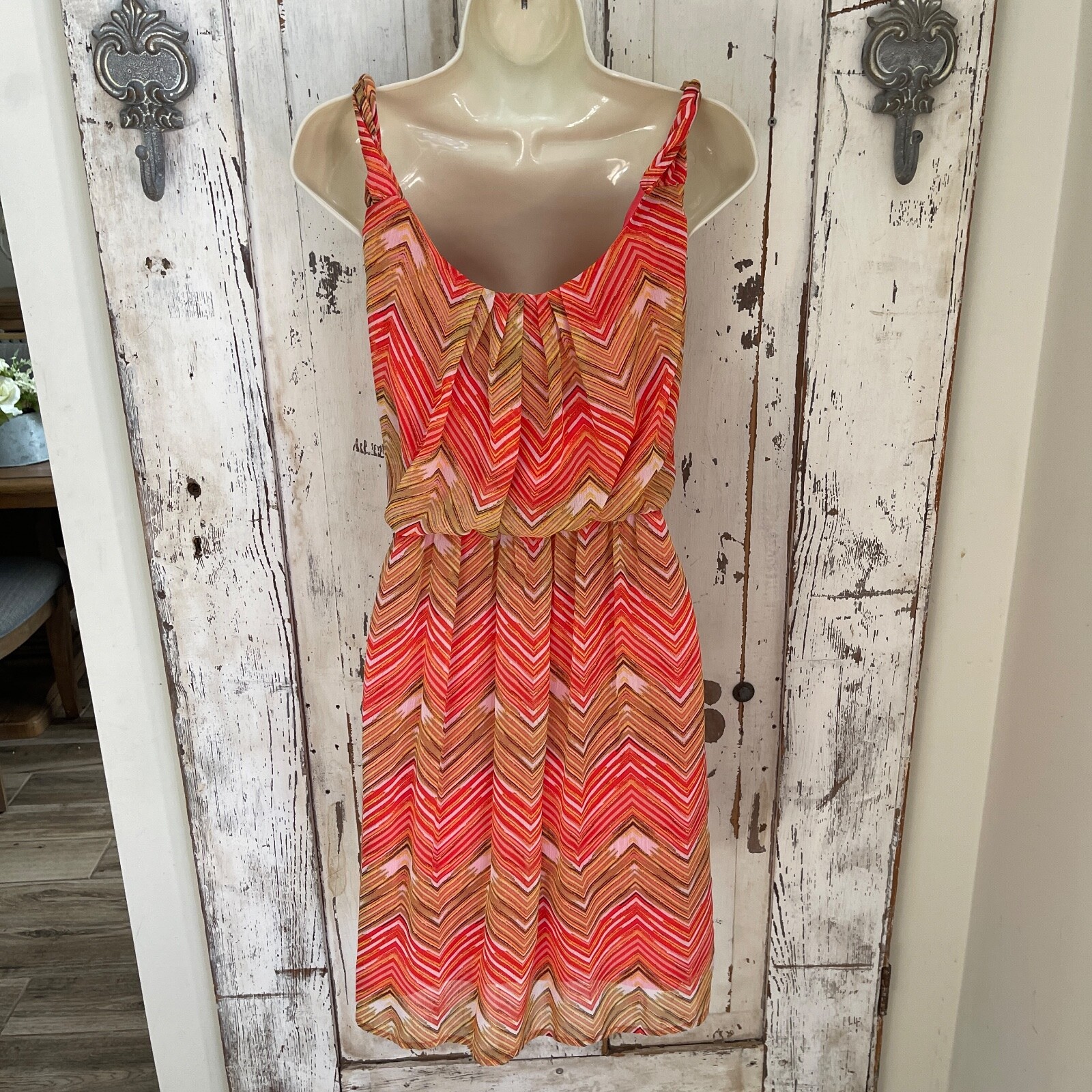 AB Studio Size Small Womans Pink Yellow Red White Brown Chevron Sundress Dress