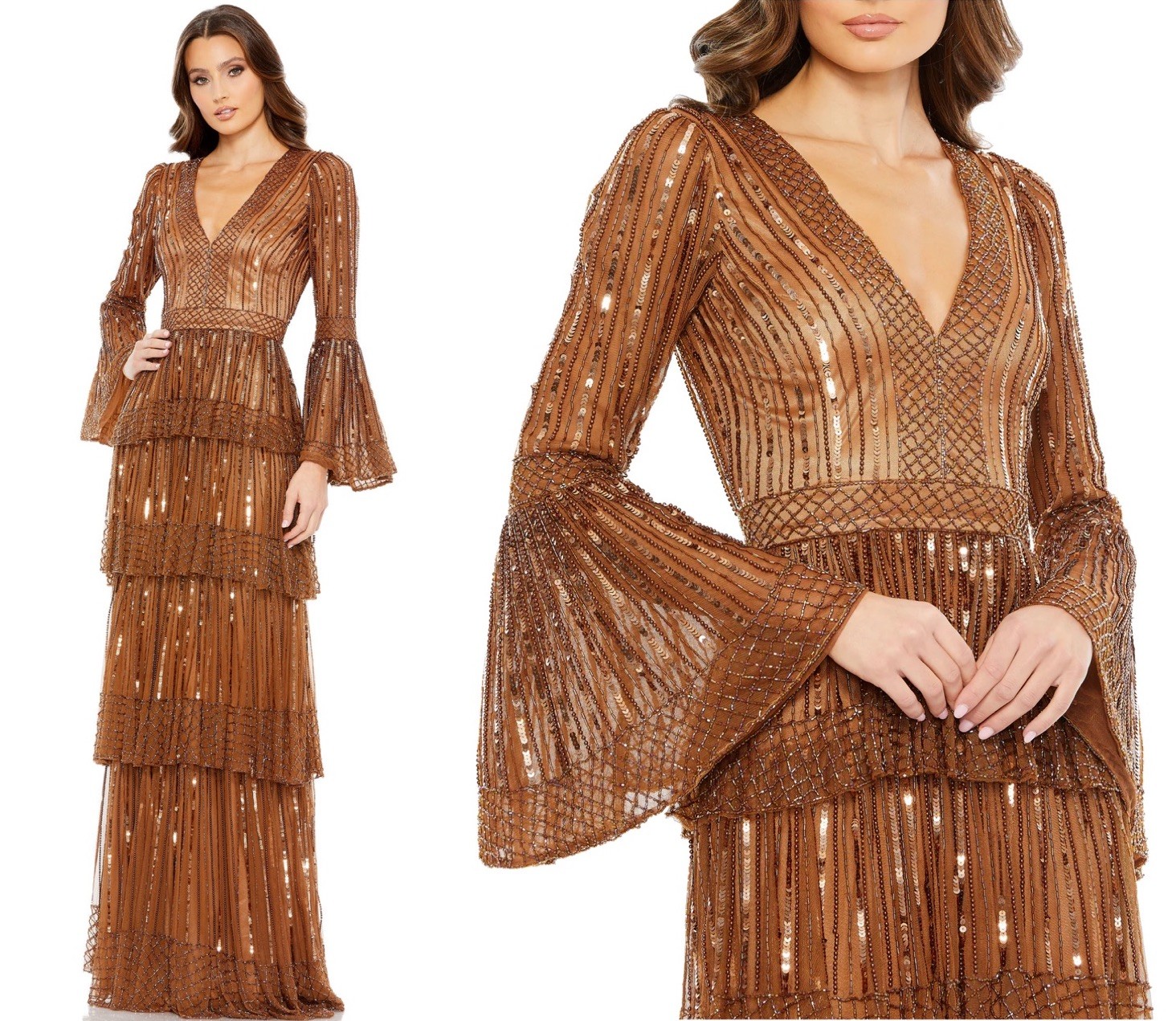Mac Duggal 5442 Copper Size 10 Embellished Bell Sleeve Tiered V-Neck Gown NWT