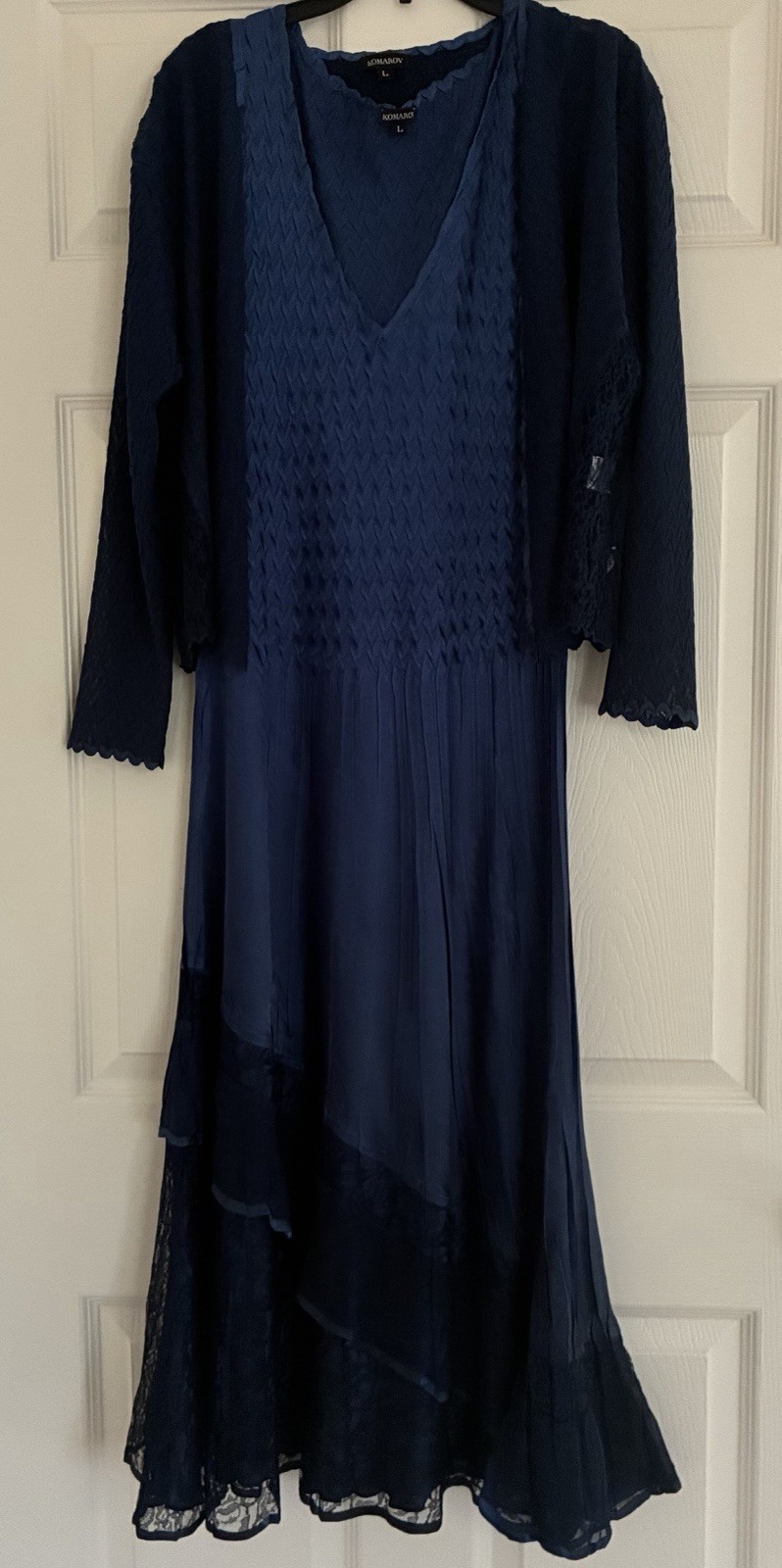 Komarov Textured Charmeuse & Chiffon Dress & Jacket Set In Blue. Size L