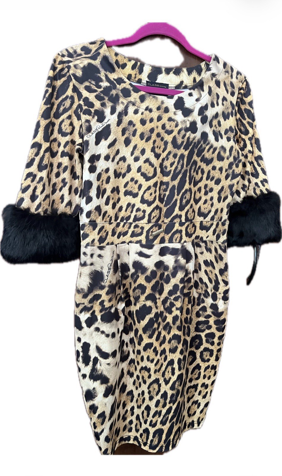 CLASS Women’s Leopard Satin Sheath real Fur Cuffs Zip Medium size