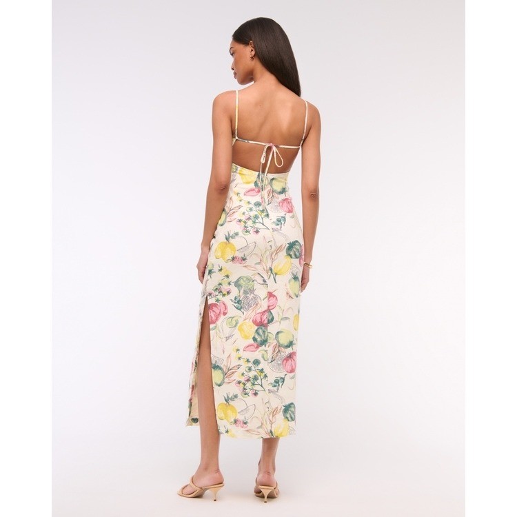 Abercrombie & Fitch Premium Linen Cutout Midi Dress Vegetable Print Cream Med P