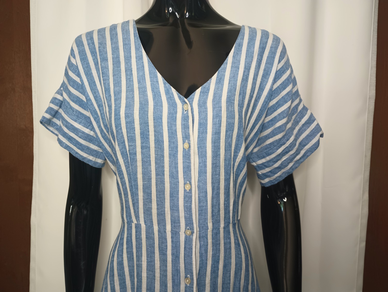 Chaps Womens Linen Shirt Dress Medium Blue Stripe Classic Coastal Nautical