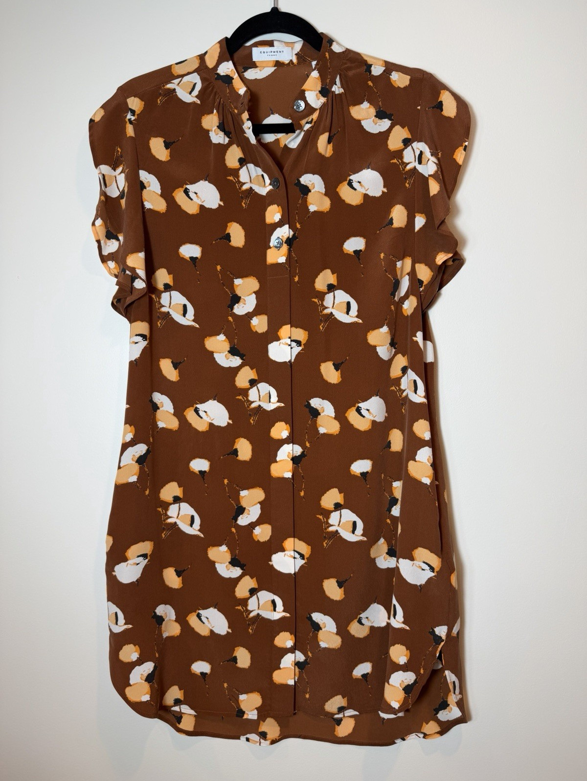 Equipment Femme Shirt Dress Silk Blend Brown Floral Button Front Size M
