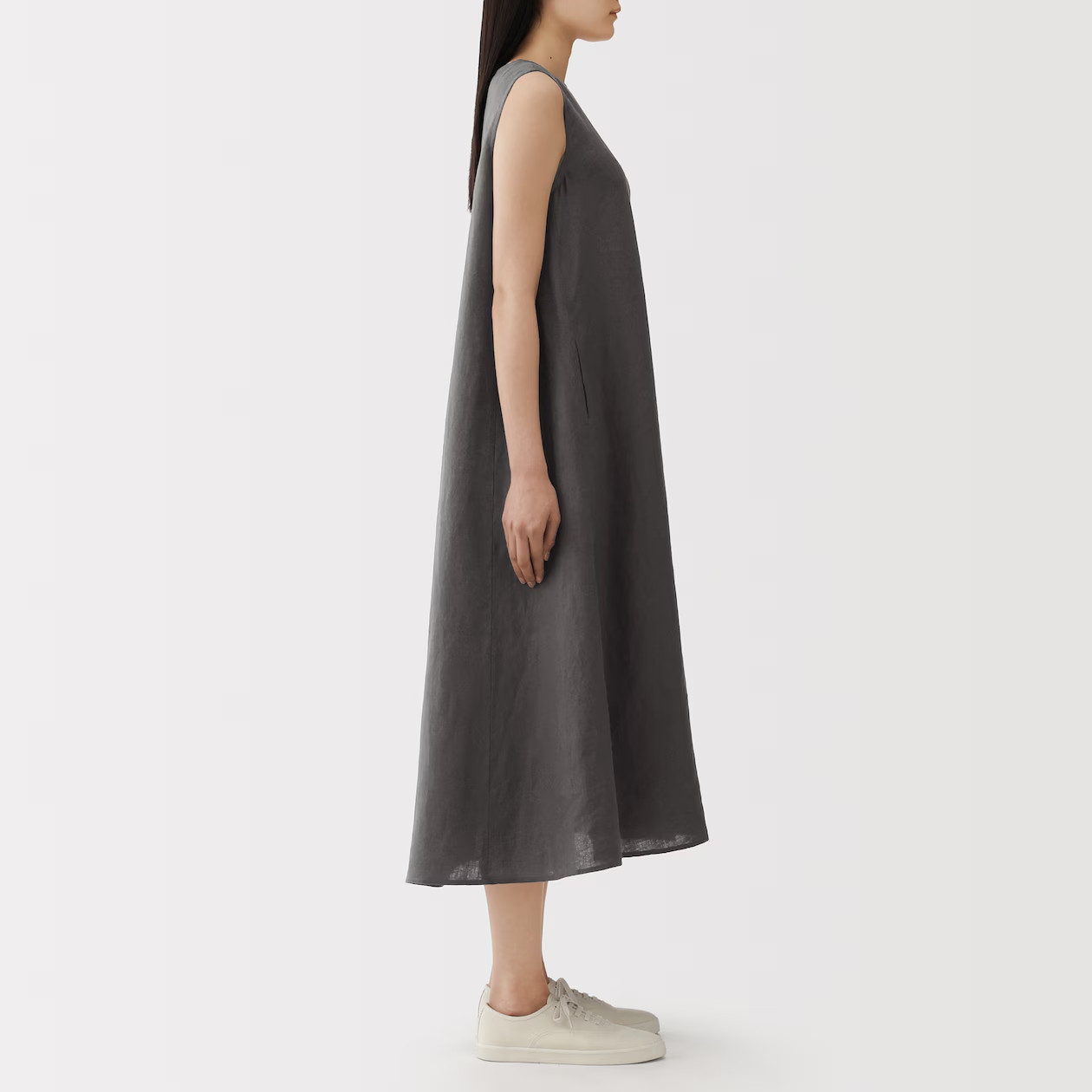 MUJI Womens 100% Linen Washed Sleeveless Dress Black FedEx