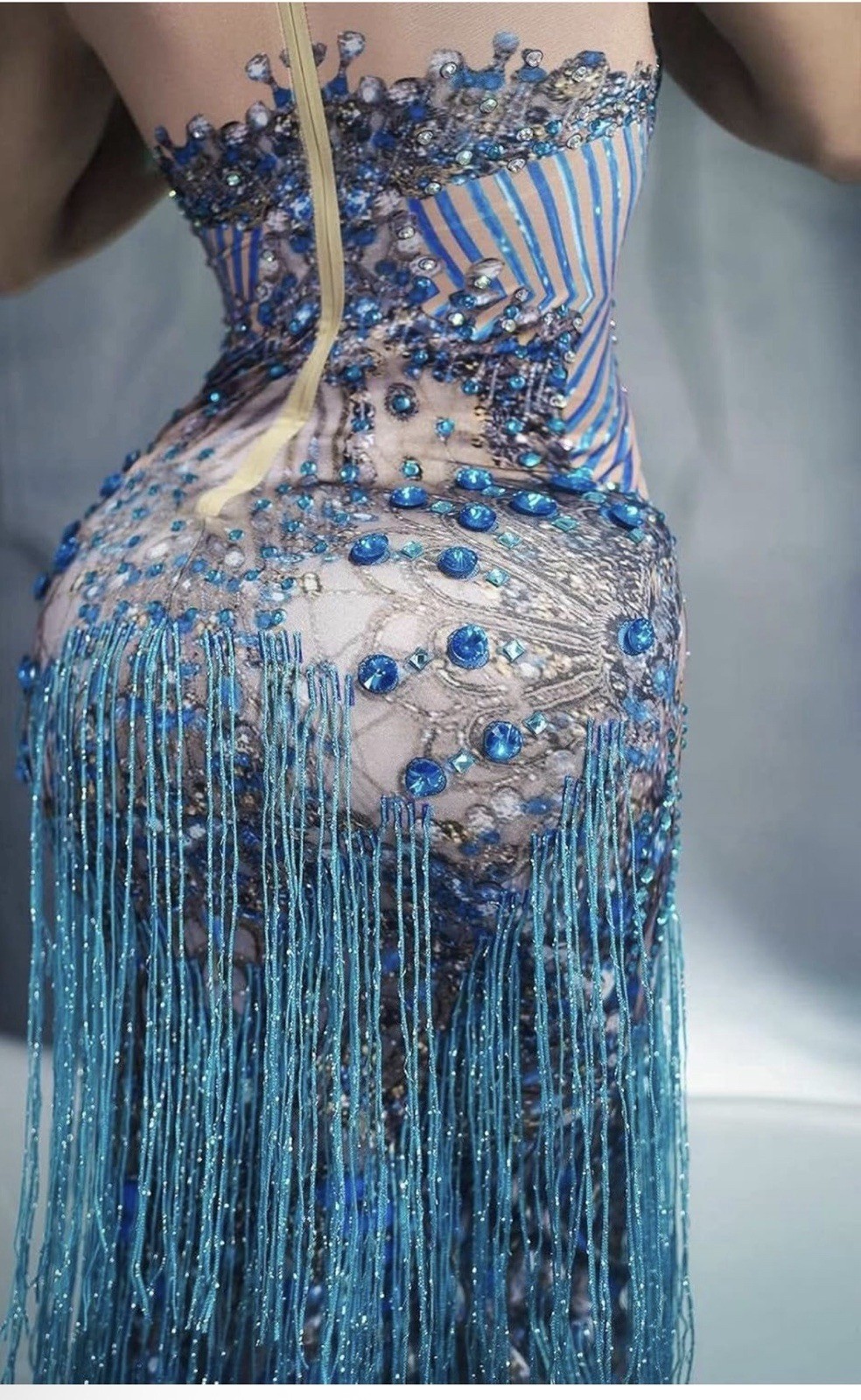 Women’s Blue Beaded Sequin Fringe Backless High Neck Long Gown S/M