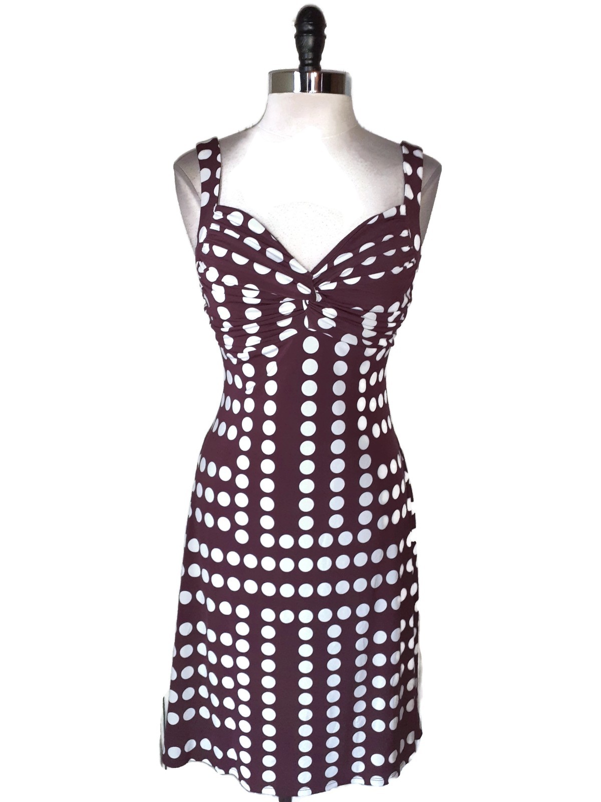 NEW WHITE HOUSE BLACK MARKET Size 10 A-Line Dress Brown White Polka Dots Stretch