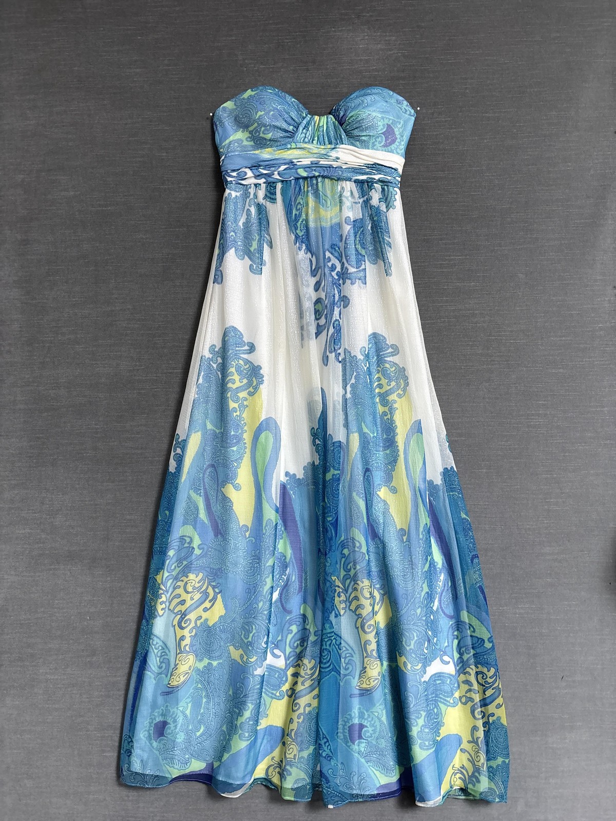 Vintage Cache Dress 4 Silk Blue Paisley Strapless Empire Maxi Boho Formal y2k