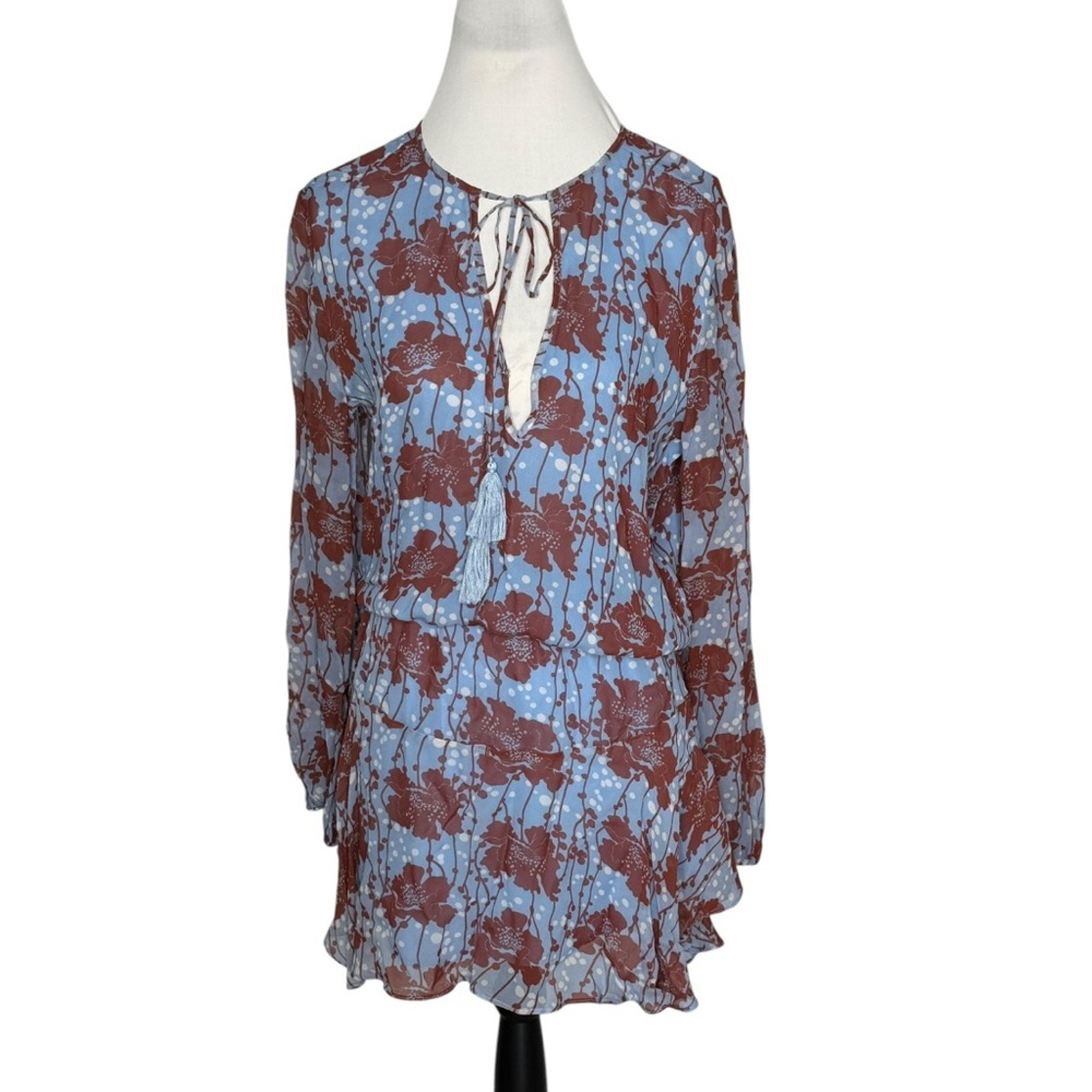 Karina Grimaldi Size Sm Blue/Brown/White Printed Long Sleeve Silk/Viscose Dress