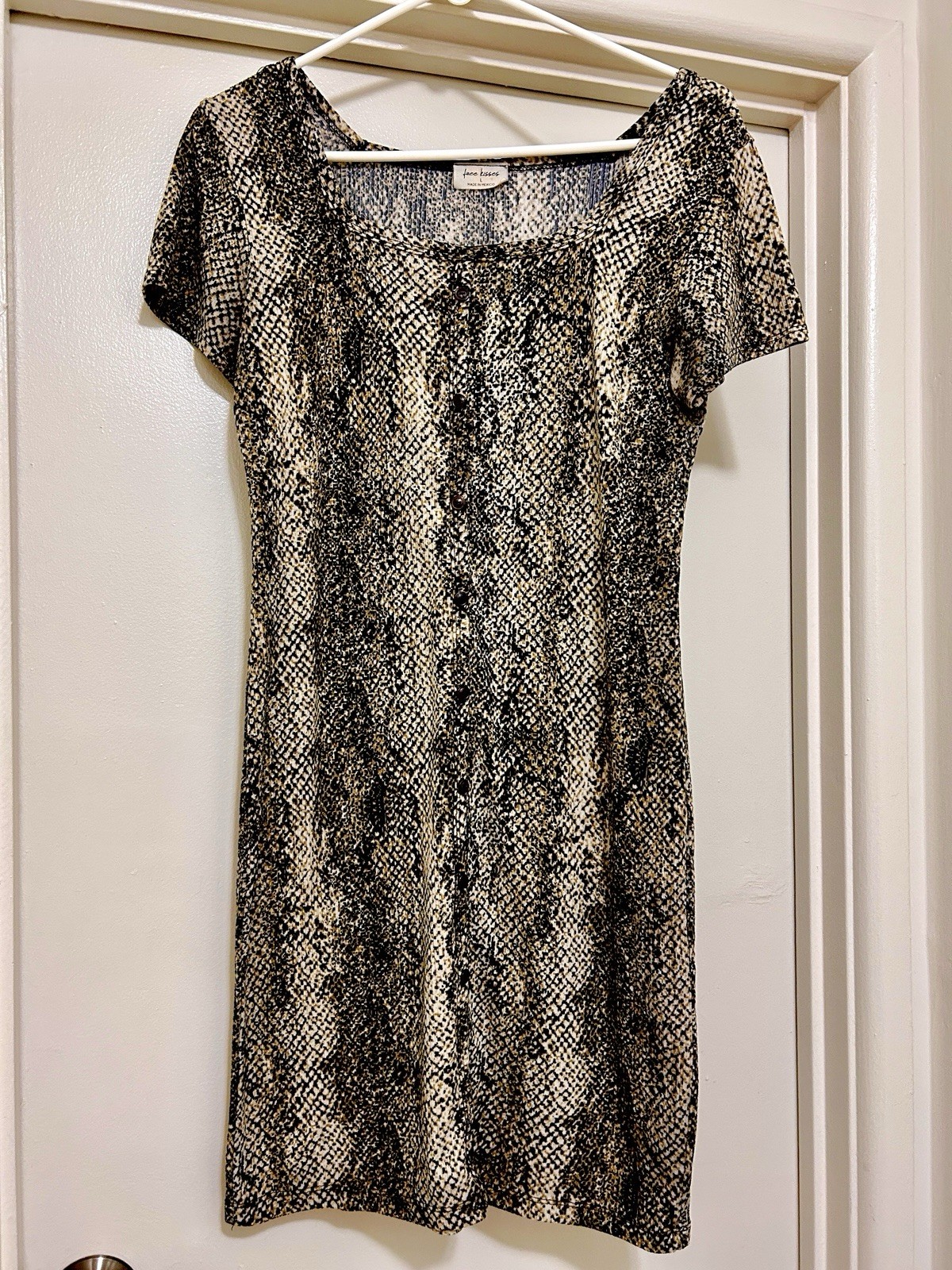 Free Kisses Black Brown White Snake Print Mini Dress Square Neckline Cap Sleeve