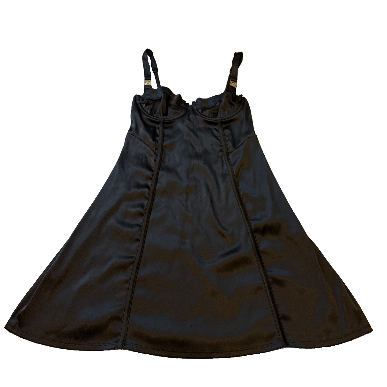 Victoria’s Secret Black Satin Bustier Underwire Slip Dress Gold Hardware Size XS