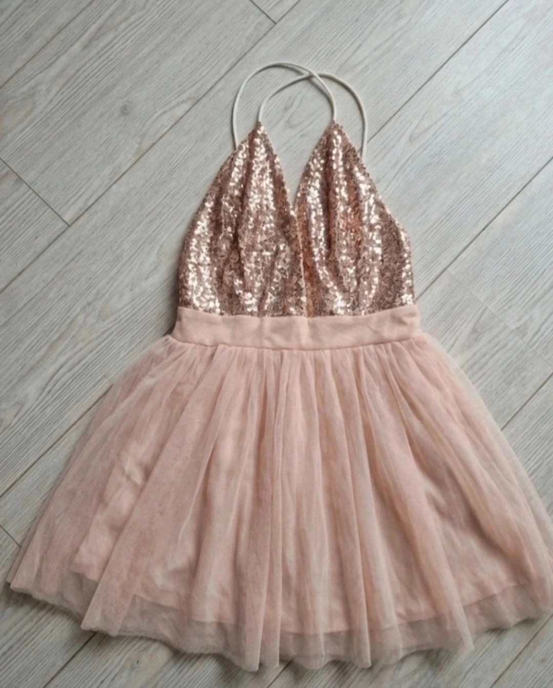 Double Crazy Rose Gold Sequin Tulle Prom Dress Size S UK 8 Halter Neck Mini