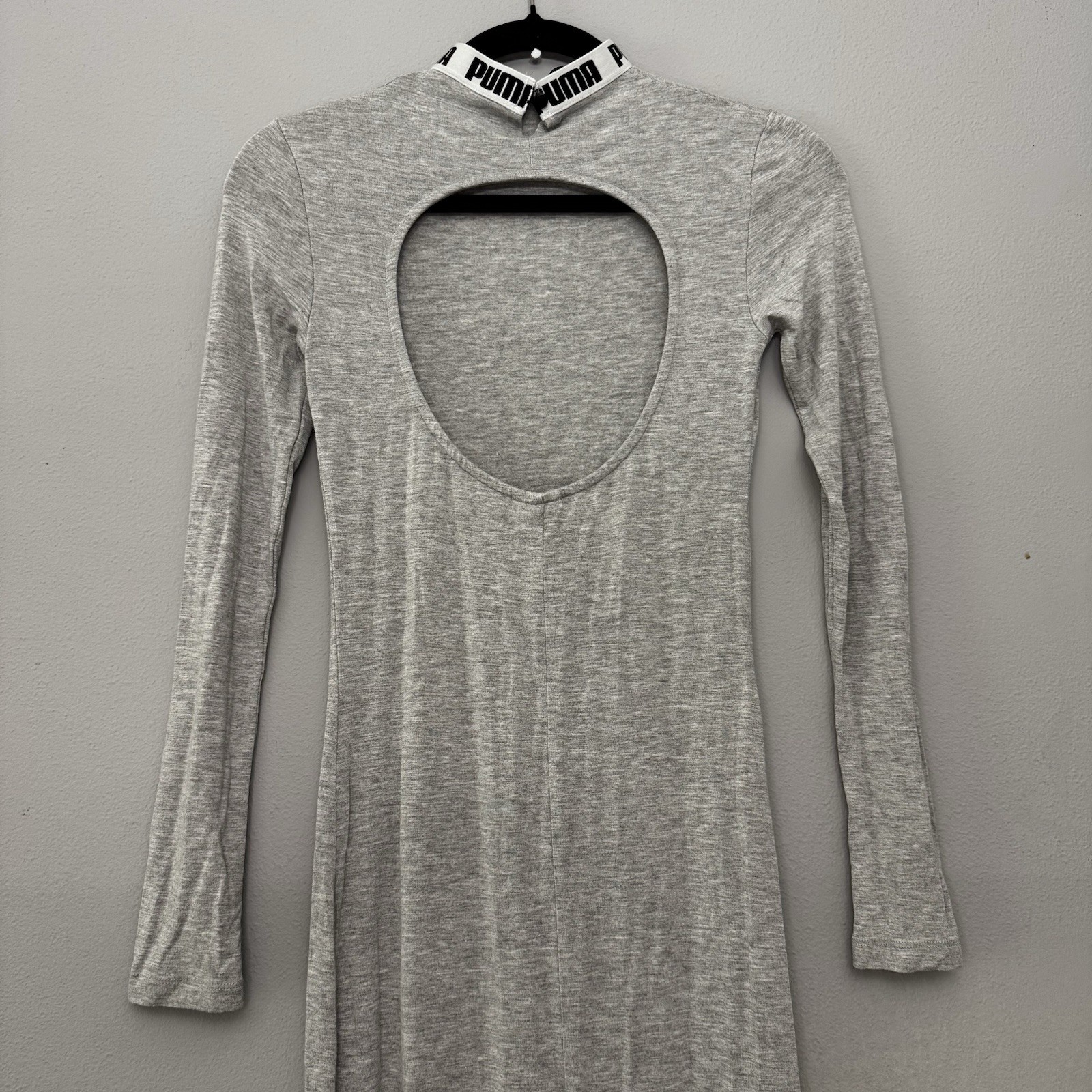 PUMA Classics Open Back Bodycon Maxi Dress Gray Mock Neck Long Sleeve Slit Small