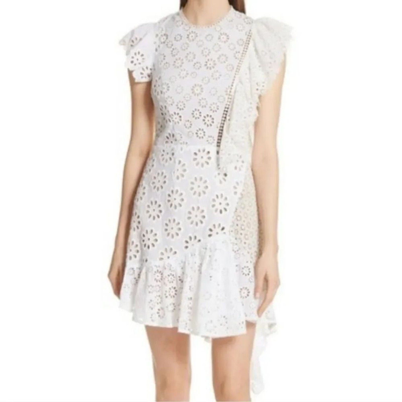 Sea New York Embroidered Eyelet Asymmetrical Lace Up Edie Dress in White Size 10