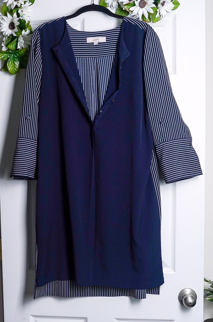 LOFT Navy Blue Shirt Dress Vertical Stripes Button Front Nautical Long Sleeves