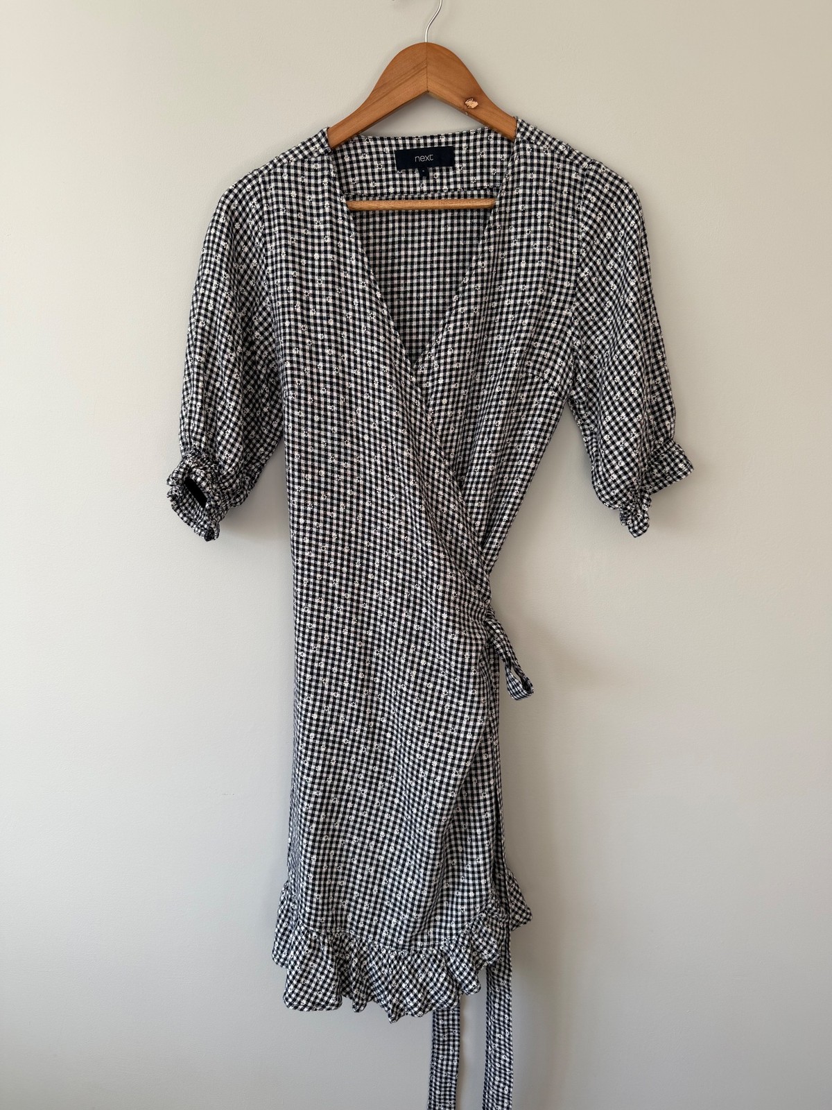 Next Gingham Floral Mini Wrap Dress UK 8 Linen-Viscose