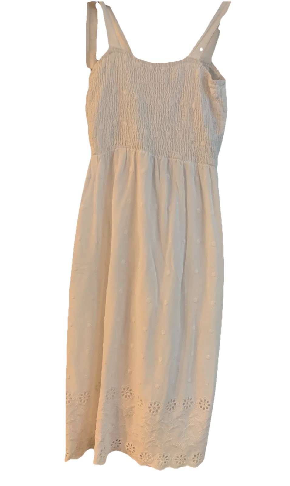 White summer long cotton eyelet dress tie sleeveless scalloped design edge Sm