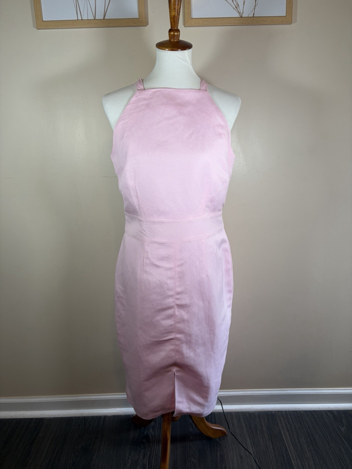 Ann Taylor Pink Linen Blend Sheath Dress High Neck Halter Sleeveless LinedZip10P