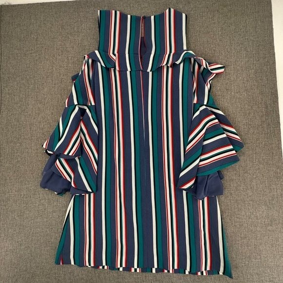 Gianni Bini Striped Dress Flutter Sleeves Cold Shoulder XS Blue Green Red White