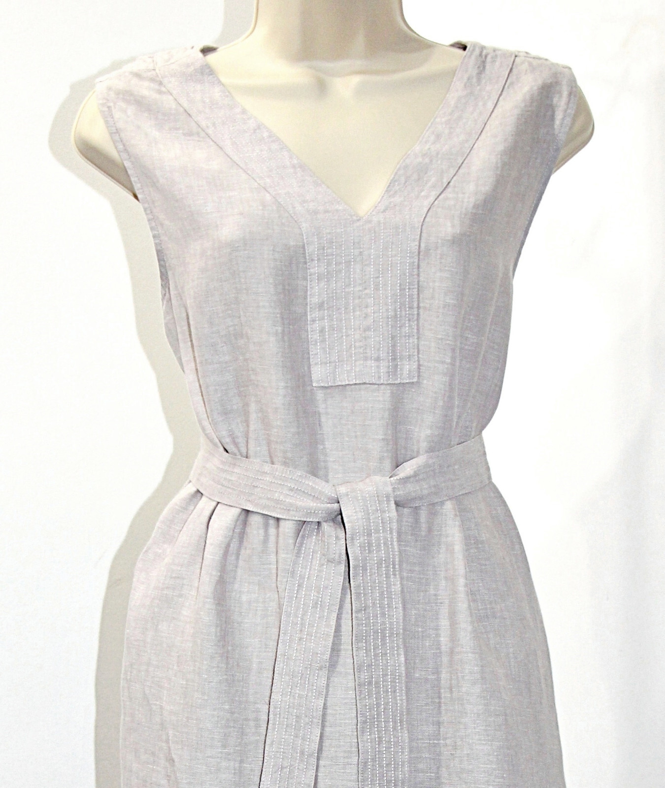 TAHARI 100%Linen Button-Side-Slits Pockets Belted Midi Dress in Light Grey sz XL