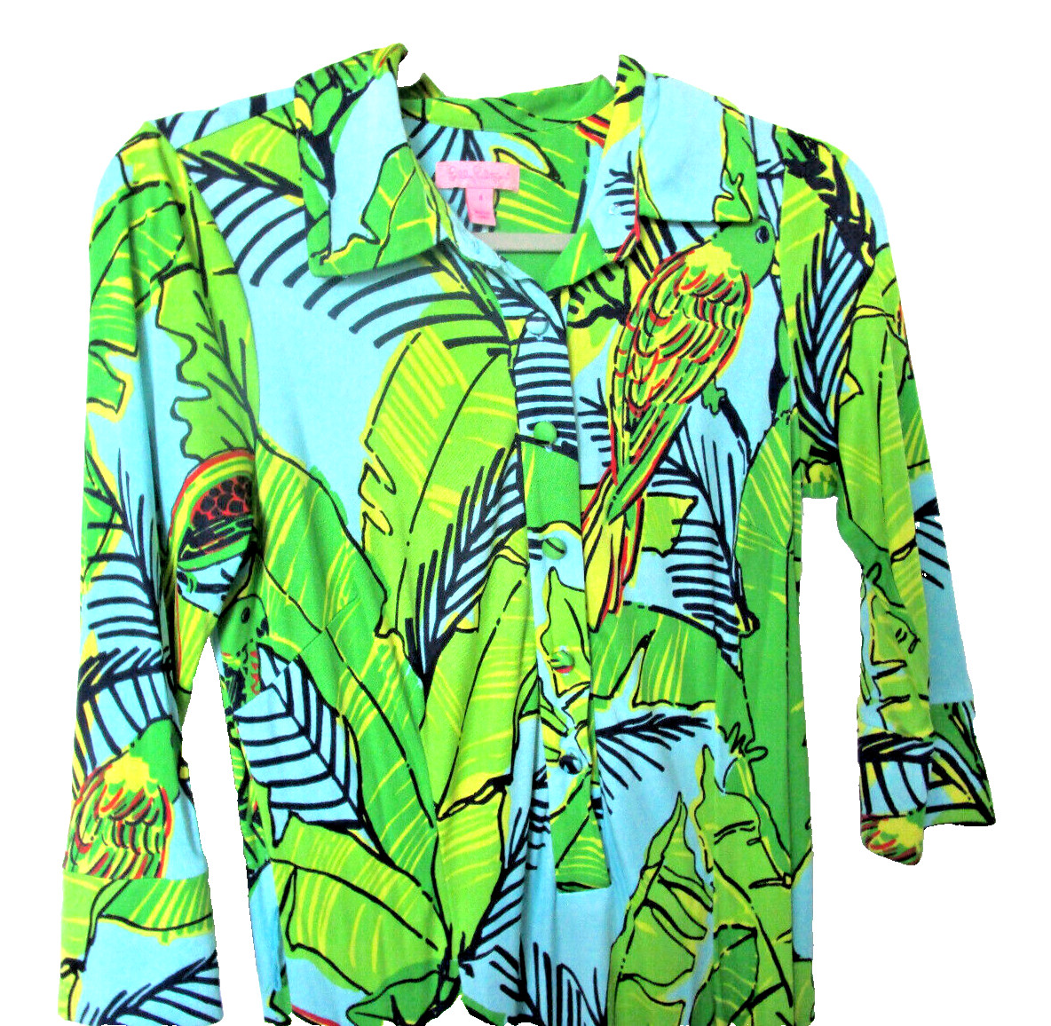 Lilly Pulitzer 100% Silk Half Button Tropical Leaf Print Dress 3/4 Sleeves Sz 4