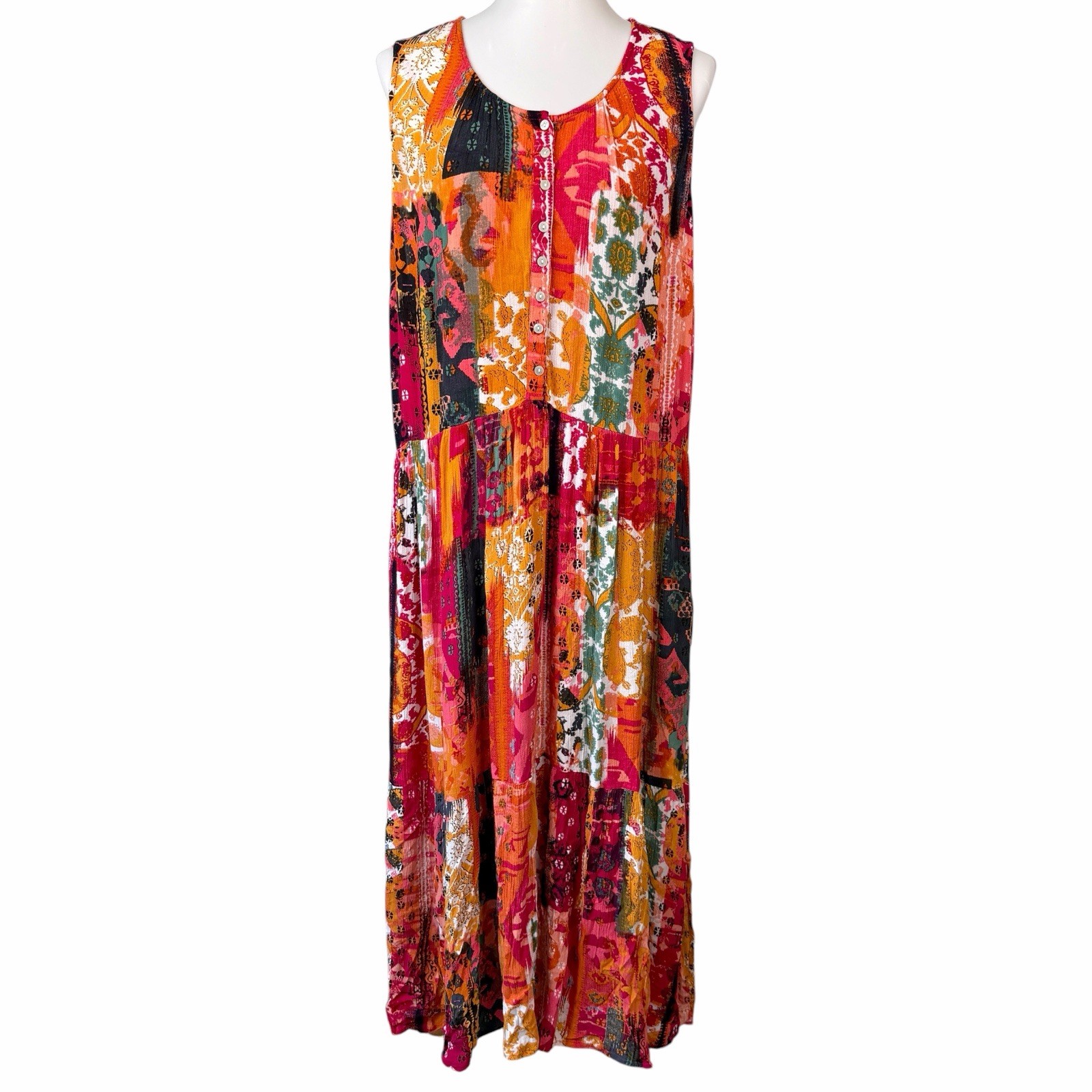 Coldwater Creek Maxi Dress Womens 1X Plus Size Pink Patchwork Artsy Hippie Long