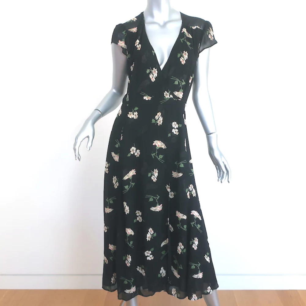 Reformation Carina Midi Wrap Dress Black Floral Print Crepe Size Small