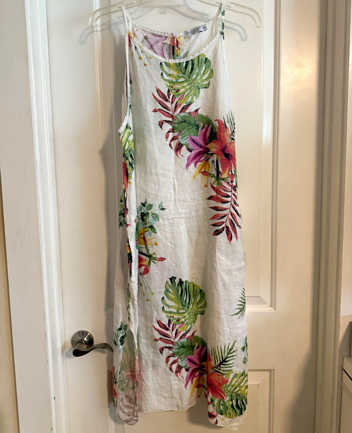 LungoL’Arno White Tropical Floral Linen Midi Shift Dress Sleeveless, Size M