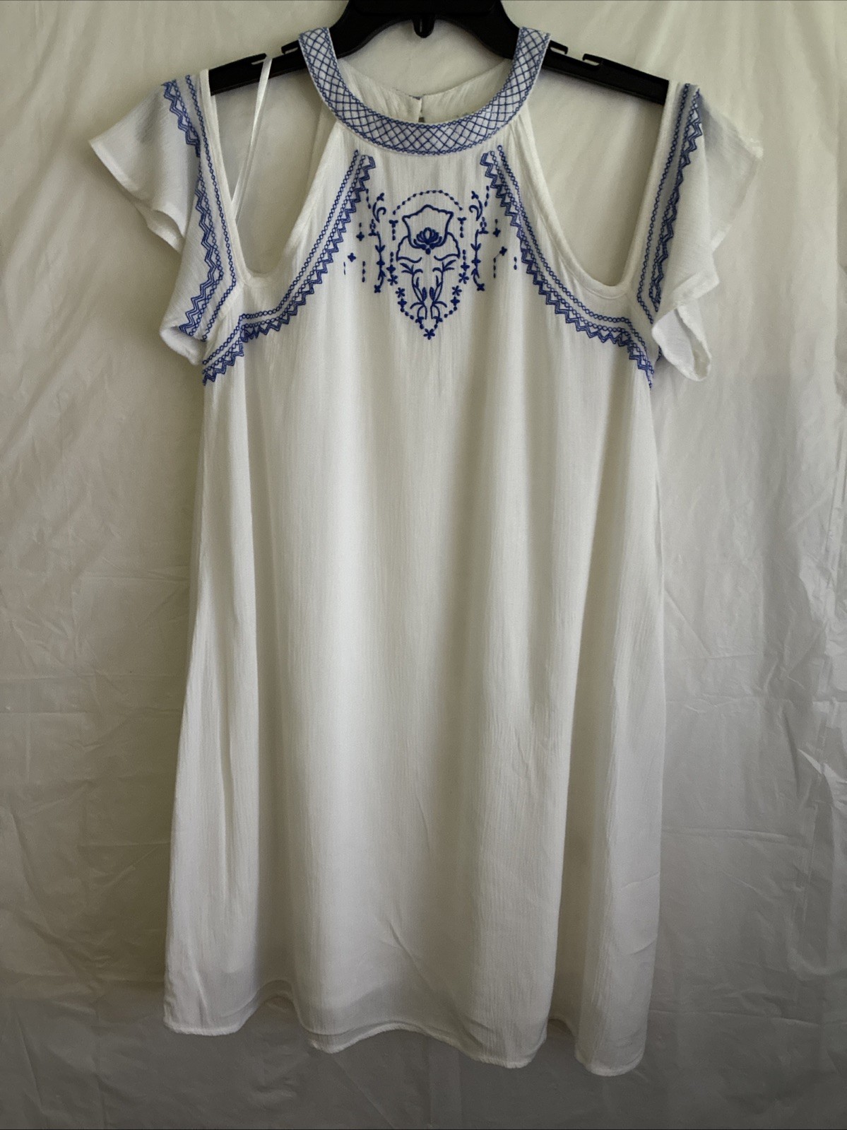 Love FIRE Dress Off Shoulder Round Neck Knee Length White Blue Embroider Boho M