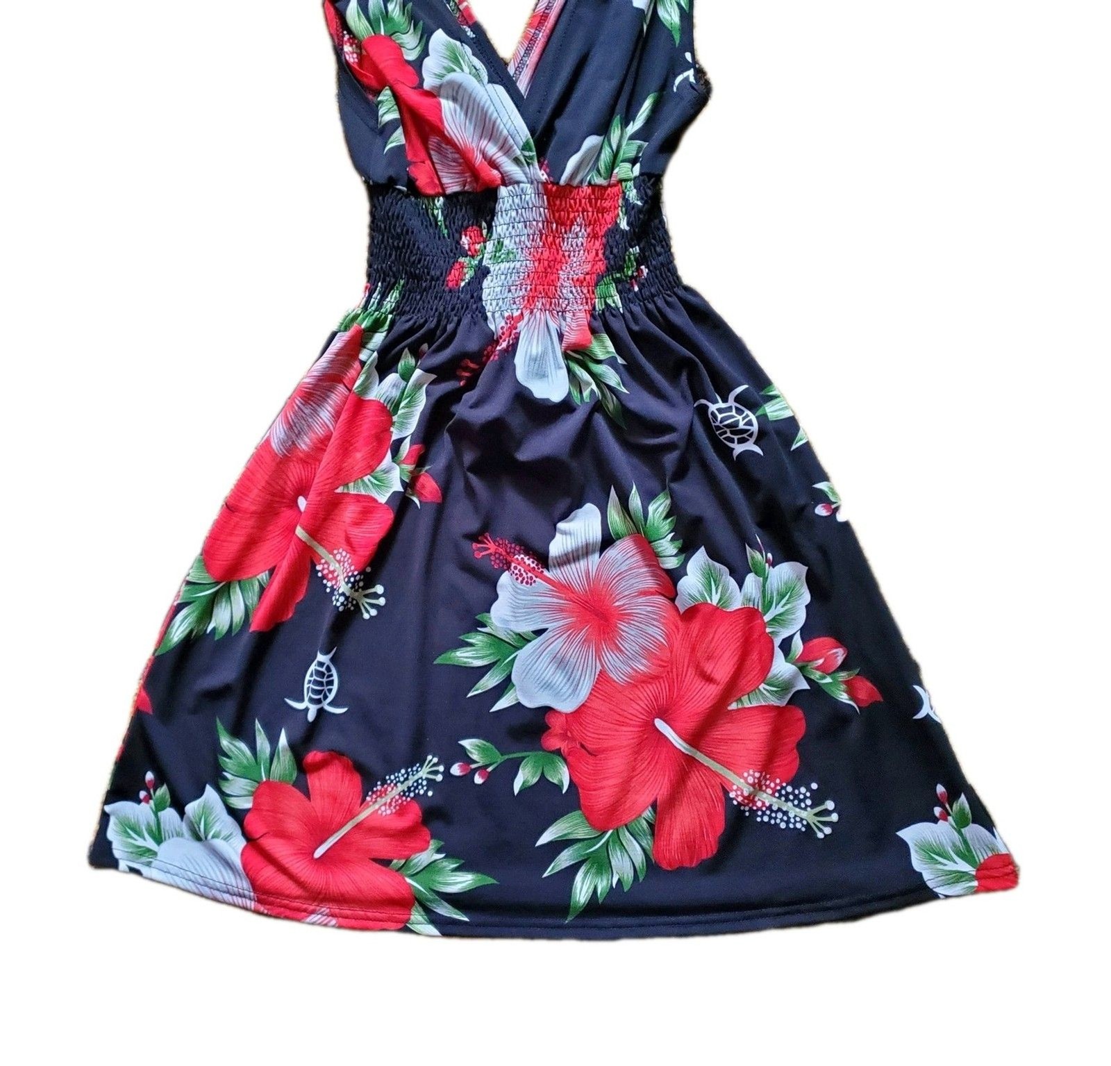 Boho Tropical Floral Beach Mini Dress S Smocked Empire Waist V-Neck Shoulder Tie