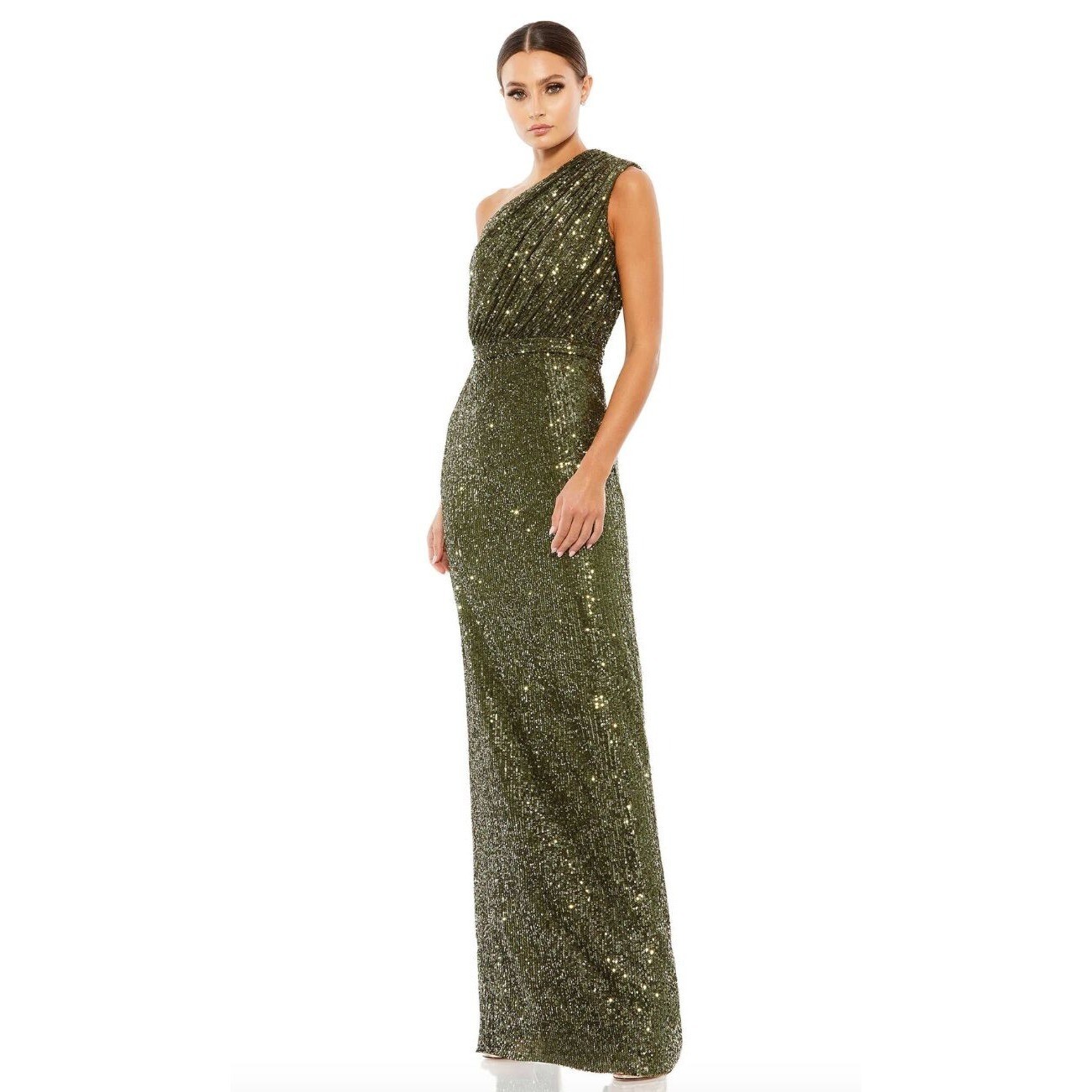 Mac Duggal 26694 Sequined Ruched One Shoulder Gown Maxi Dress Size 10 Green