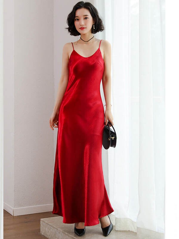 Womens Imitated Silk Satin Slip Dress Slim Fit Underdress Sleeveless Maxi Dress