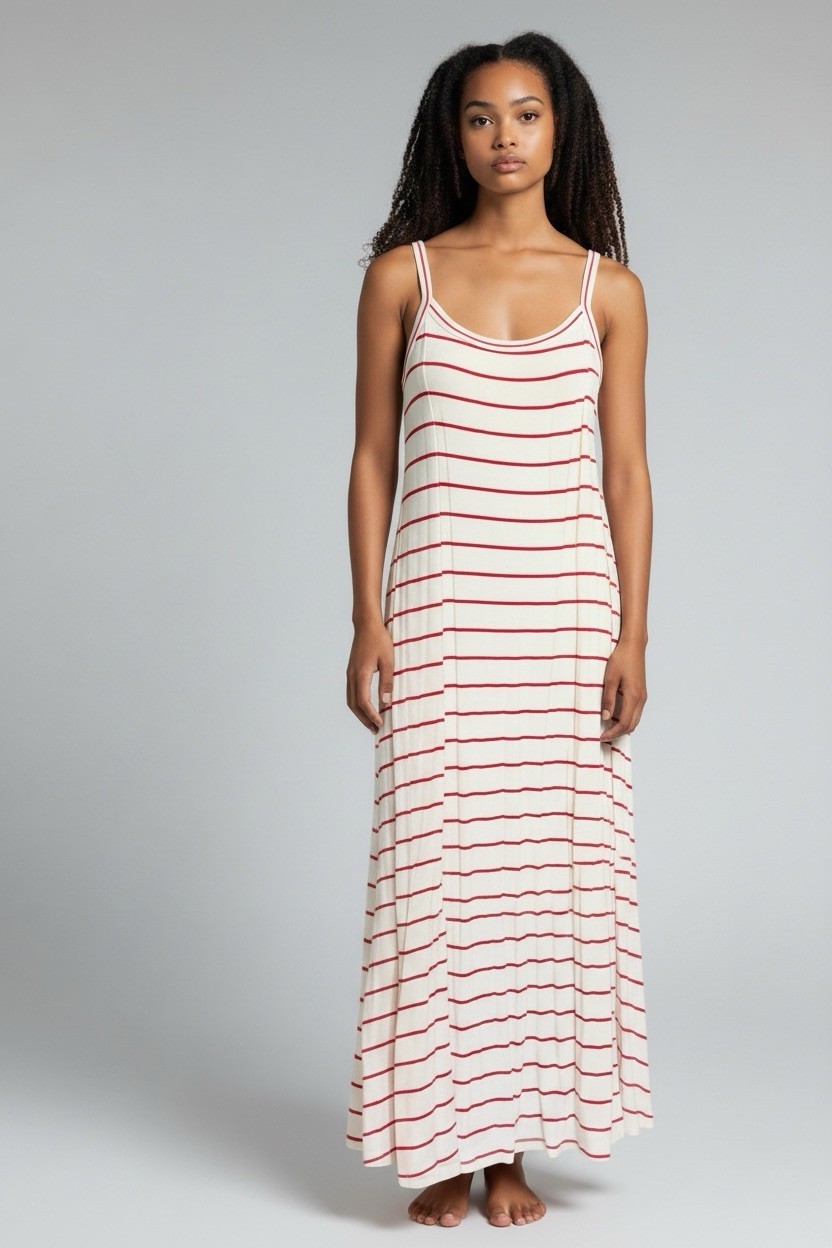 NWOT Summer Maxi Tank Dress W/ Pockets White W/ Red Stripes Size Large