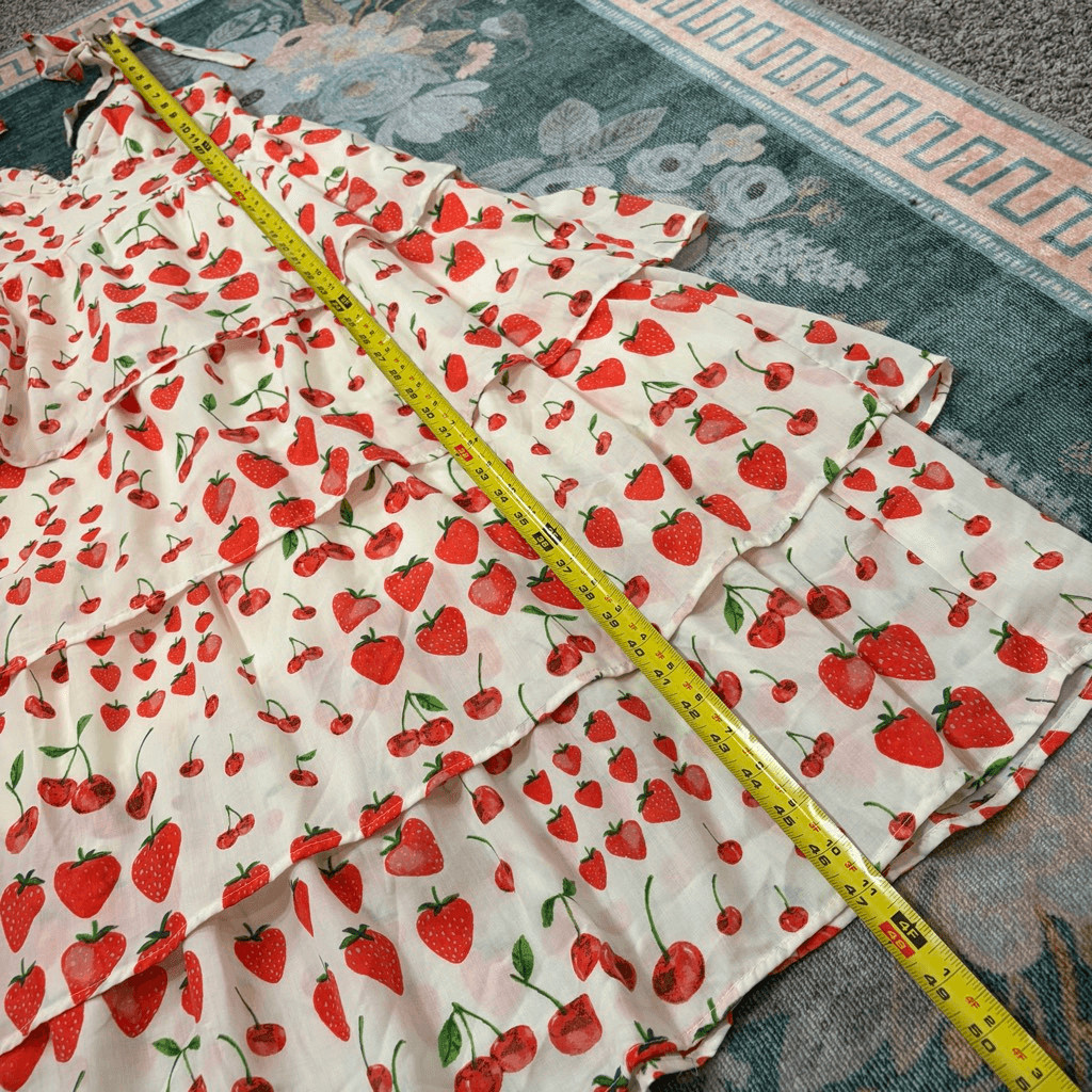 Crystal Doll Midi Dress Womens Large White Red Strawberry Cherry Print Tiered