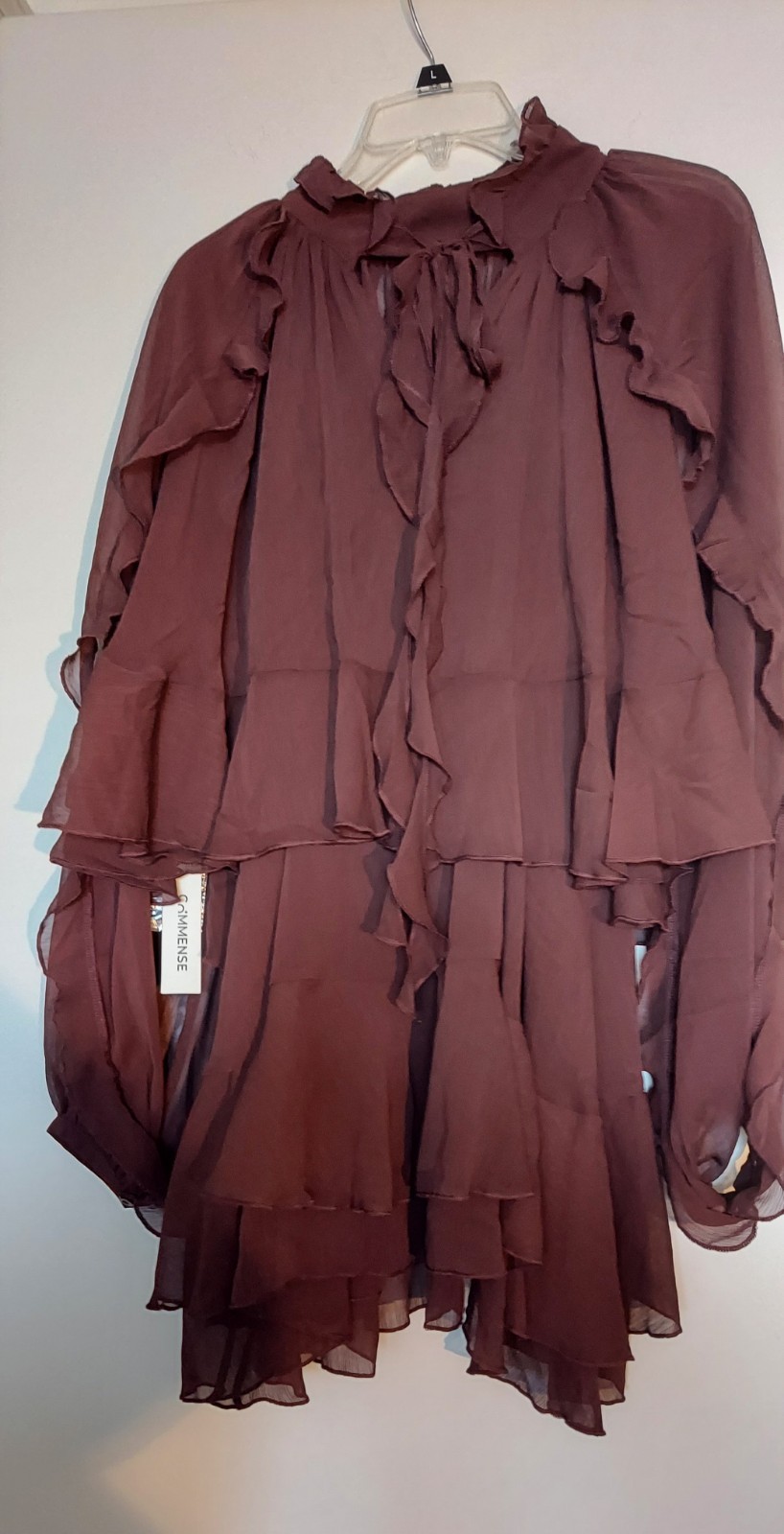 Commense M Brown Tiered Ruffle Chiffon Mini Dress With Ruffle Cape Top