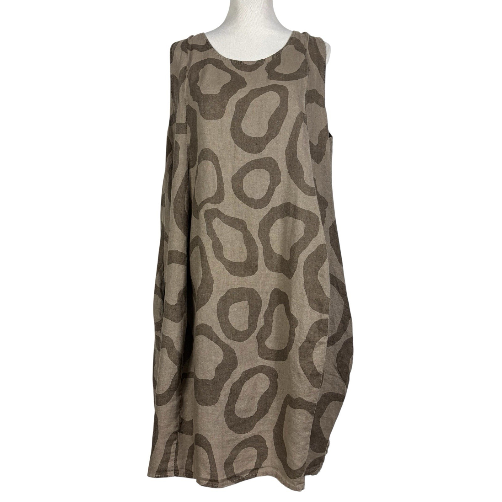 100% Lin Blanc Lagenlook Tan Beige Linen Flowy Peasant Dress Italy Size M L