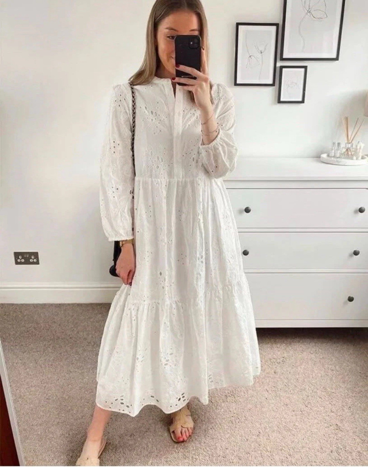 ZARA WHITE COLLARED CUTWORK EMBROIDERY MIDI DRESS WITH LINING SIZE XS BNWT