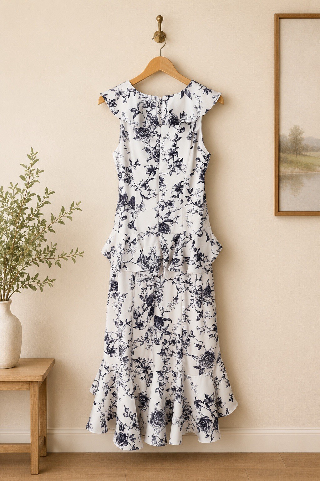 CeCe Floral High-Low Ruffle Dress Size 4 NWT White Purple Midi MSRP $149