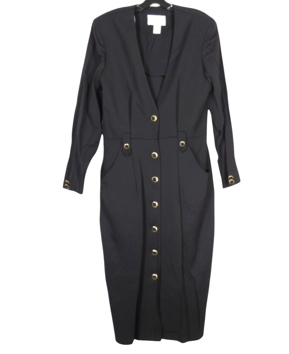 VTG DANNY & NICOLE Black BUTTON-DOWN Pleated SIDE POCKETS Sheath Dress Sz 12
