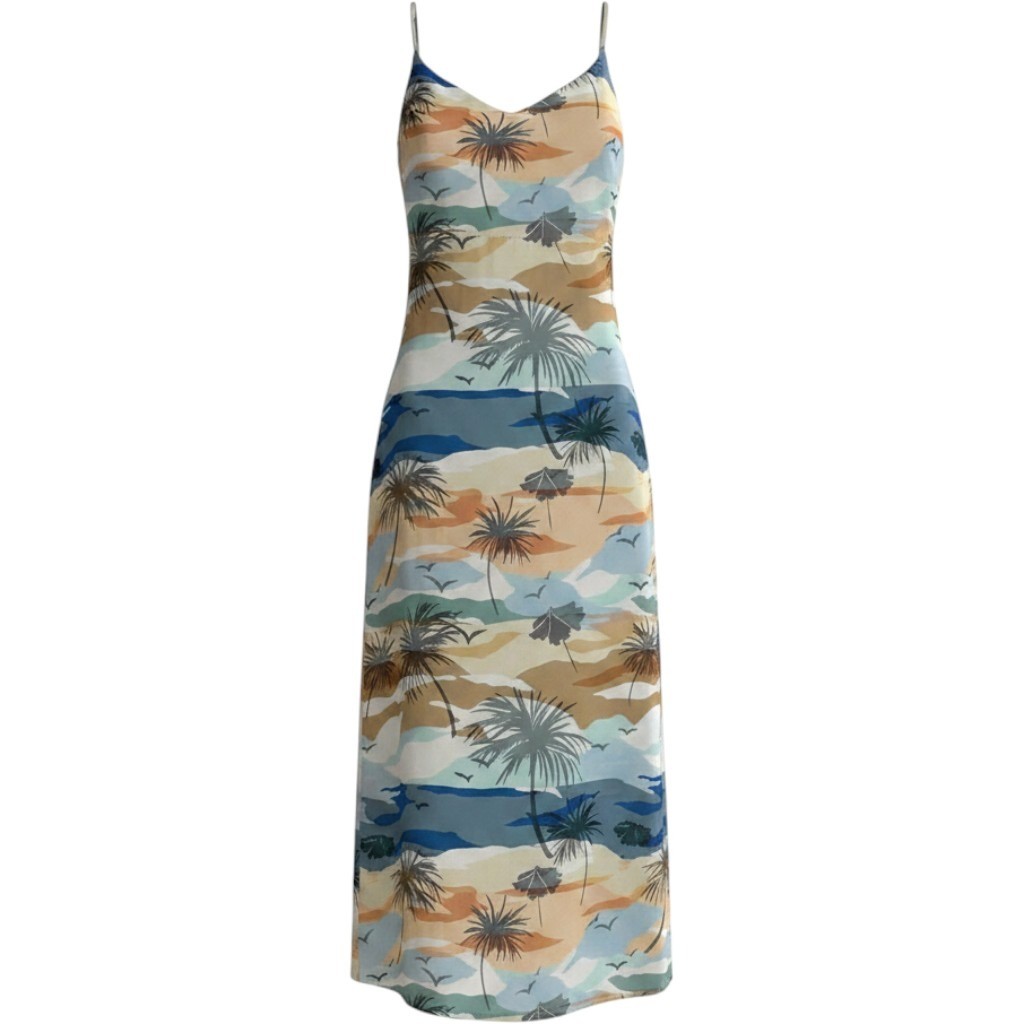 GREYLIN Tropical Palm Tree Cowl Neck Slip Dress Blue Tan XS